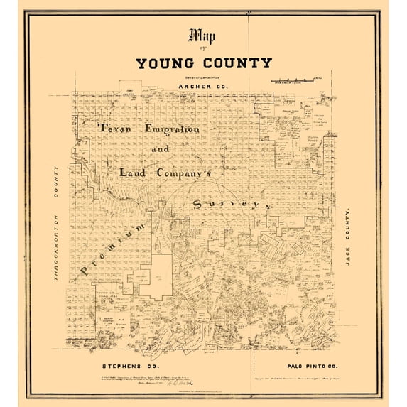 Historic County Map - Young County Texas - Walsh 1889 - Vintage Wall Art