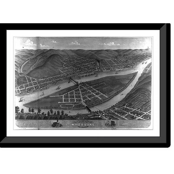 Historic Framed Print, [3 birds-eye panoramic lith. views: Wheeling, W. Va., 1870 - by Ruger & Stoner], 17-7/8" x 21-7/8"
