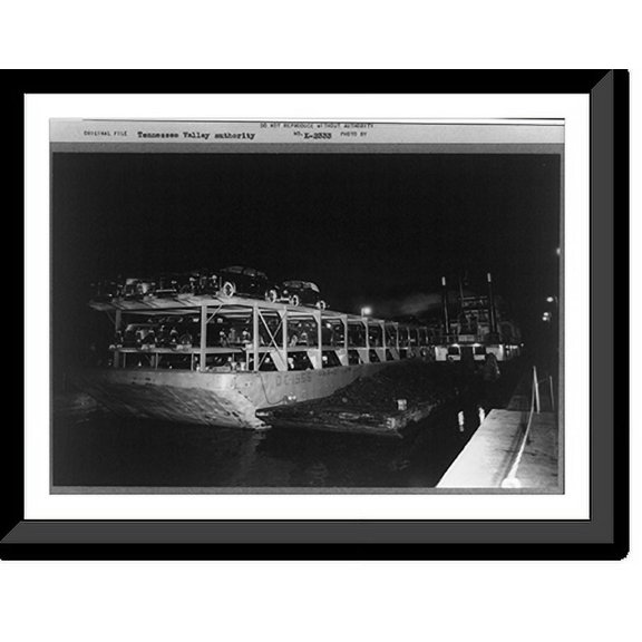 Historic Framed Print, A pre-war view of a boatload of passenger automobiles ready for shipment, Guntersville (vicinity), Ala., 17-7/8" x 21-7/8"