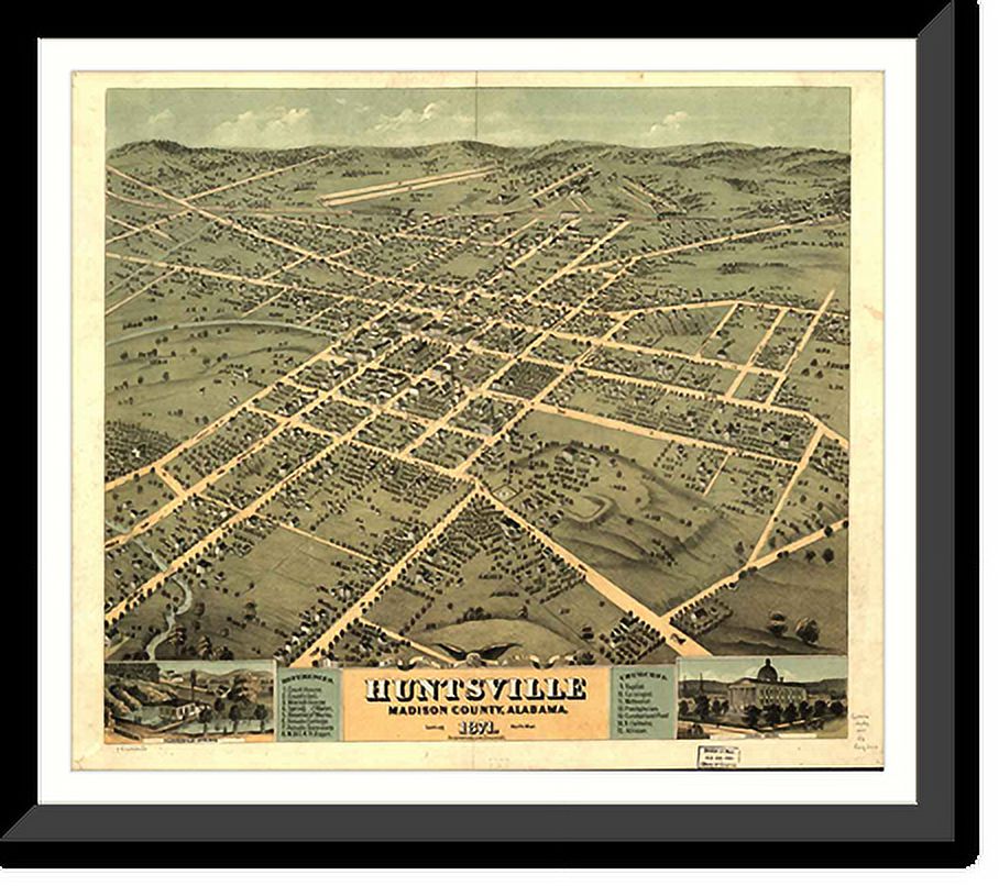 Historic Framed Print, AL Huntsville 1871 MAP, 177/8" x 217/8
