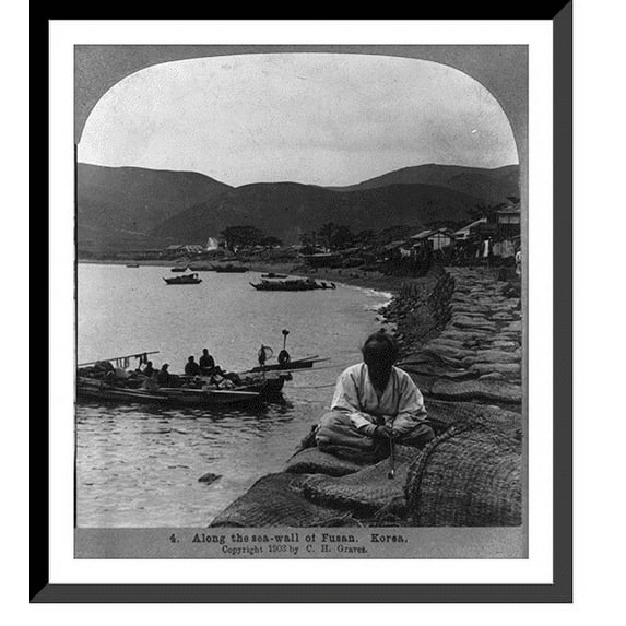 Historic Framed Print, Along the sea wall of Fusan, Korea, 17-7/8" x 21-7/8"