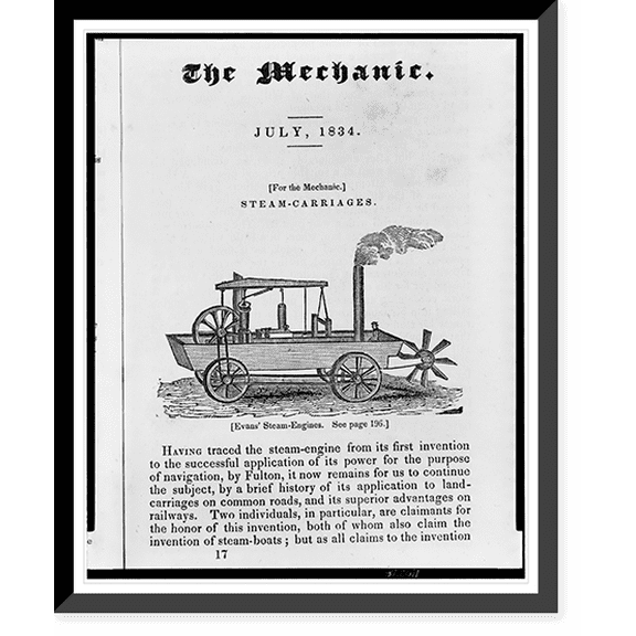 Historic Framed Print, [Amphibious steam powered carriage and paddle boat designed by Oliver Evans], 17-7/8" x 21-7/8"