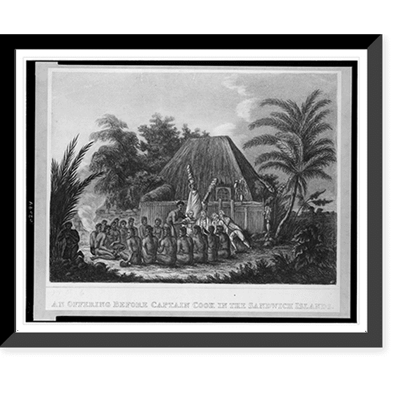 Historic Framed Print, An Offering before Captain Cook in the Sandwich Islands, 17-7/8" x 21-7/8"