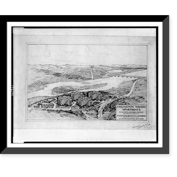 Historic Framed Print, Architectural drawing for an apartment house (Arlington Towers Apartments") for F.H.A., Arlington, Virginia", 17-7/8" x 21-7/8"