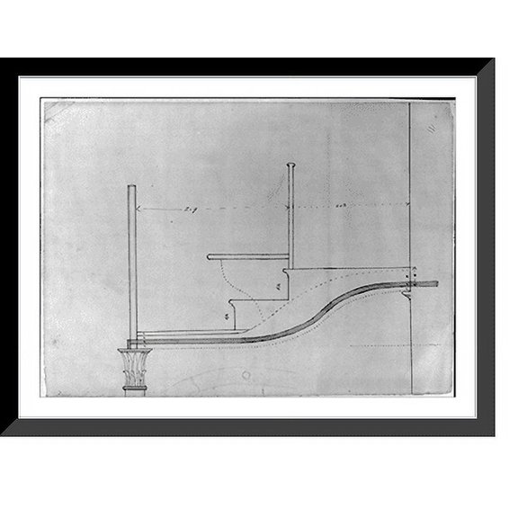 Historic Framed Print, Architectural drawing for seating in a gallery supported by Corinthian columns. Gallery, section with corinthian capital, 17-7/8" x 21-7/8"