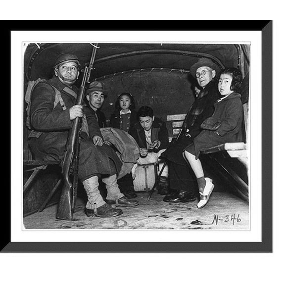 Historic Framed Print, Bainbridge Island (Wash.) evacuation . Evacuee and motherless children being assisted on evacuation by the Army, 17-7/8" x 21-7/8"