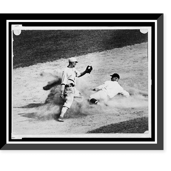 Historic Framed Print, [Ball player sliding into base as fielder reaches to apply tag during baseball game], 17-7/8" x 21-7/8"