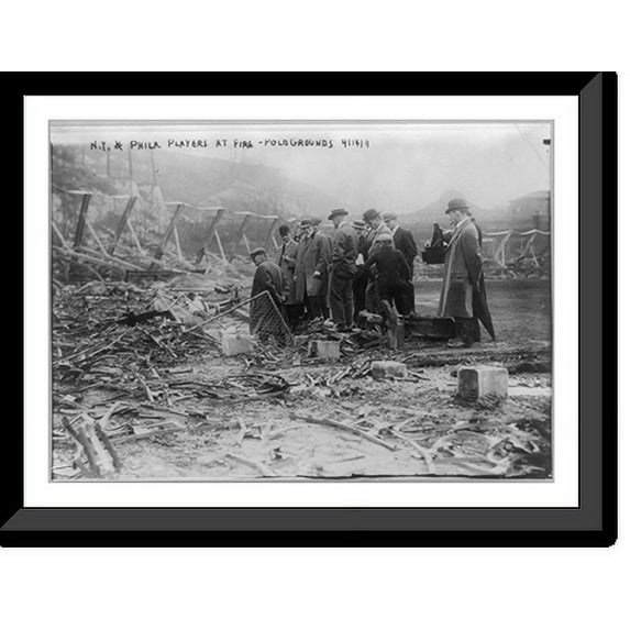 Historic Framed Print, Baseball Parks - N.Y. and Phila. players at site of fire - Polo Grounds, NYC, April 14, 1911, 17-7/8" x 21-7/8"