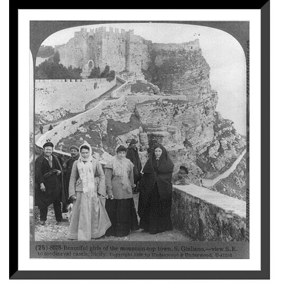 Historic Framed Print, Beautiful girls of the mountain-top town, S. Guiliano - view S.E. to mediaeval castle, Sicily, 17-7/8" x 21-7/8"