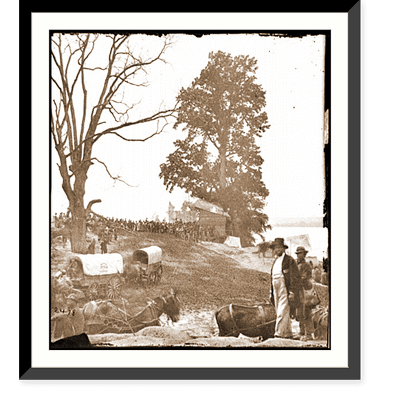 Historic Framed Print, Belle Plain Va. Wagons of the Sanitary Commission and a crowd at the landing, 17-7/8" x 21-7/8"