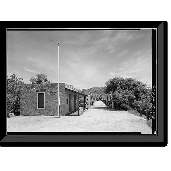 Historic Framed Print, Bidwell Bar Suspension Bridge & Stone Toll House, Near Lake Oroville (moved from fork of Feather Riv, Oroville vicinity, Butte County, CA - 3, 17-7/8" x 21-7/8"