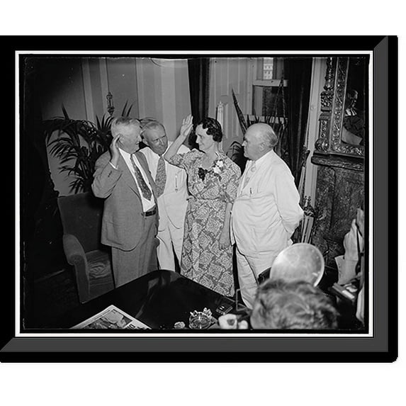 Historic Framed Print, Black successor takes oath. Washington, D.C., Aug. 20. Vice President Garner administering the oath to Mrs. Bibb Graves, wife of the Governor of Alabama, who, 17-7/8" x 21-7/8"