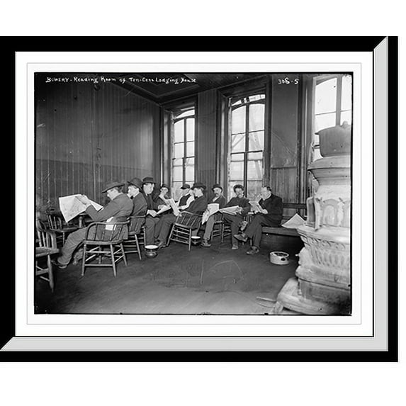 Historic Framed Print, Bowery: Reading room of 10 cent Lodging House, 17-7/8" x 21-7/8"