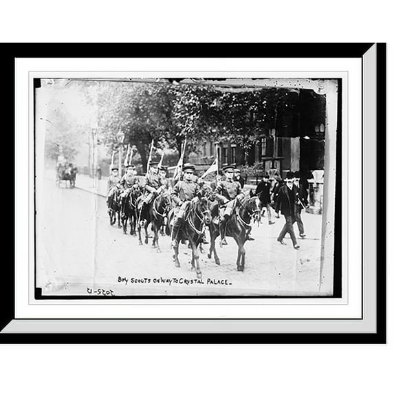 Historic Framed Print, Boy Scouts on way to Crystal Palace; Marching, on horseback, in formation, 17-7/8" x 21-7/8"