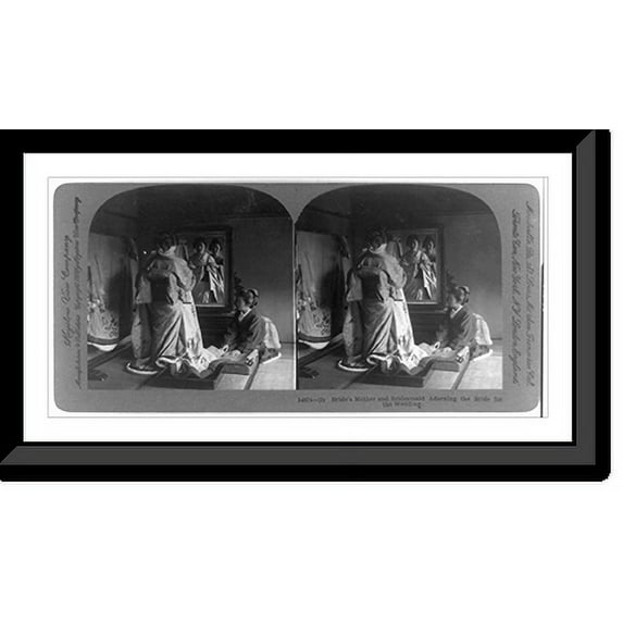 Historic Framed Print, Bride's mother and bridesmaid adorning the bride for the wedding, 17-7/8" x 21-7/8"
