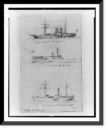 Historic Framed Print, [Broadside views of three sidewheel steamships ...