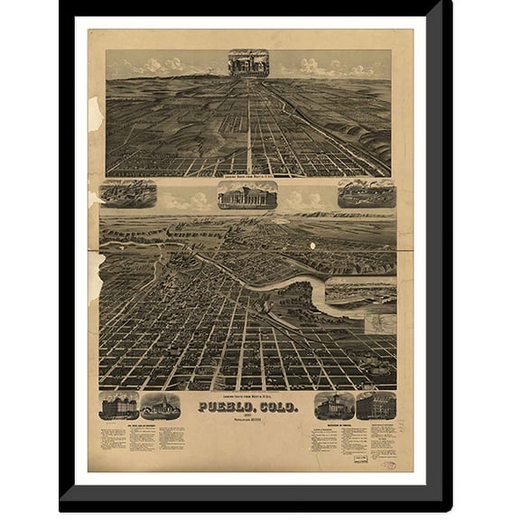 Historic Framed Print, CO Pueblo 1890 MAP, 17-7/8" x 21-7/8"