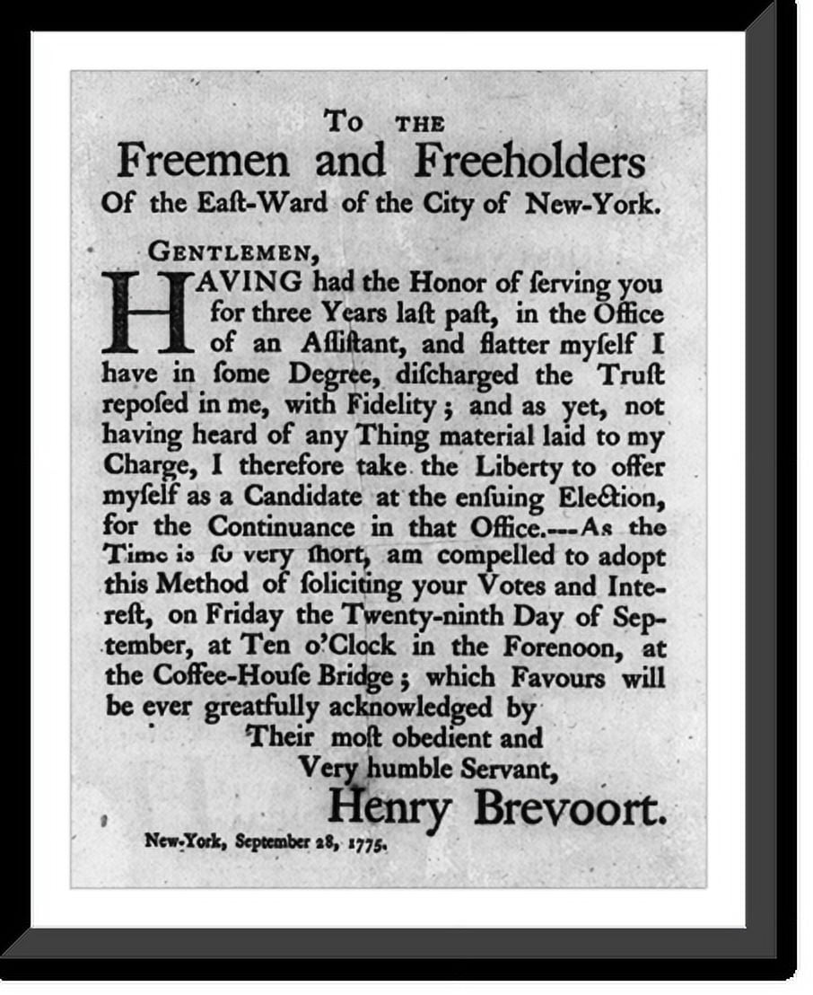 Historic Framed Print, Candidacy announcement of Henry Brevoort, 1775 ...