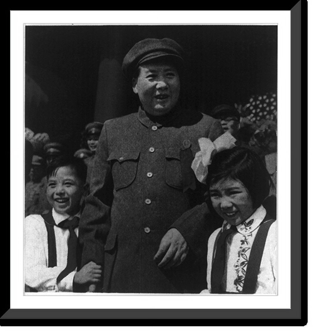 Historic Framed Print, Chairman Mao Tse-tung with 2 young pioneers ...