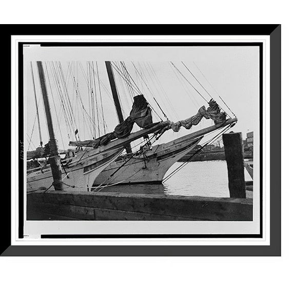 Historic Framed Print, Chesapeake Bay, Md., 1937. Skipjack Lady Eleanor, showing foredeck and hull moulding forward. Details of bowsprit rigging and trailboard, 17-7/8" x 21-7/8"
