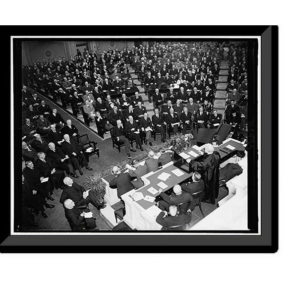 Historic Framed Print, Chief Justice Hughes addressing the Joint Congressional Session on 150th Anniversary of the Congress. Seated before Hughes are Cabinet members & part of [the, 17-7/8" x 21-7/8"