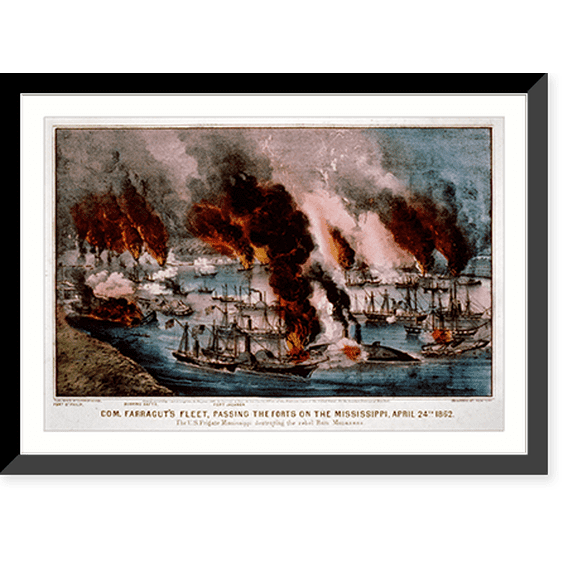 Historic Framed Print, Com. Farragut's fleet, passing the forts on the Mississippi, April 24th 1862 The U.S. Frigate Mississippi destroying the rebel ram Manassas. - 2, 17-7/8" x 21-7/8"