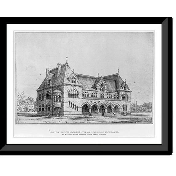 Historic Framed Print, Design for the United States Post Office and Court House at Evansville, Ind. Mr. William A. Potter, Supervising Architect, Treasury Department, 17-7/8" x 21-7/8"