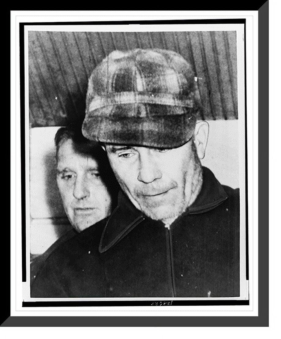 Historic Framed Print, [Ed Gein, wearing plaid cap, head-and-shoulders  portrait, facing front, looking down, leaving the county jail in Wautoma,  ..., image size:918x1108