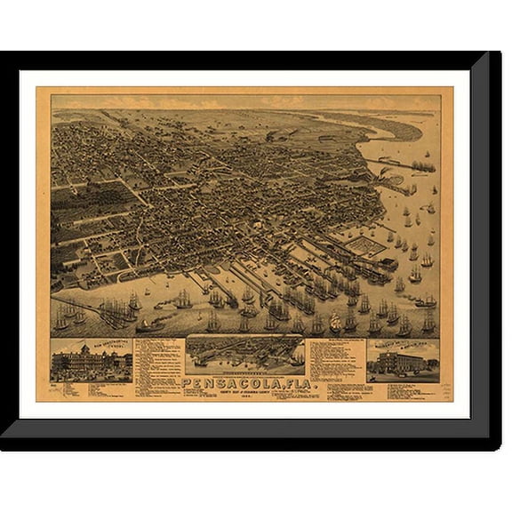 Historic Framed Print, FL Pensacola 1885 MAP, 17-7/8" x 21-7/8"