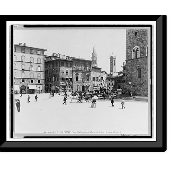 Historic Framed Print, Firenze - Piazza della Signoria con la Fontana di Nettuno e la Statua di Cosimo I., 17-7/8" x 21-7/8"