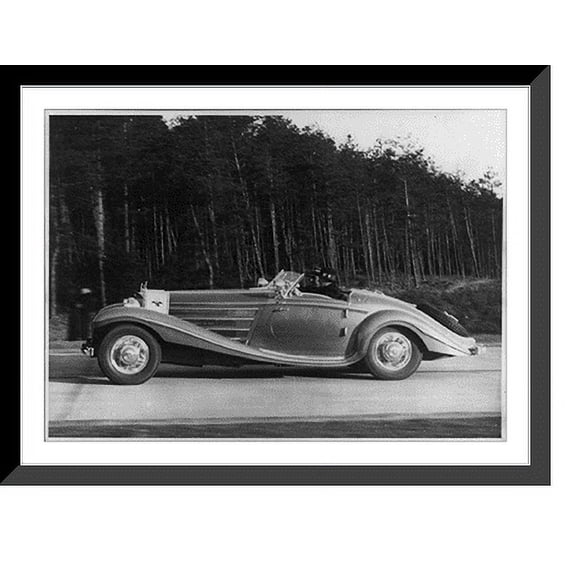 Historic Framed Print, [Full side view of Mercedes-Benz convertible being driven by Hermann Goering on the autobahn between Berlin and Stettin], 17-7/8" x 21-7/8"