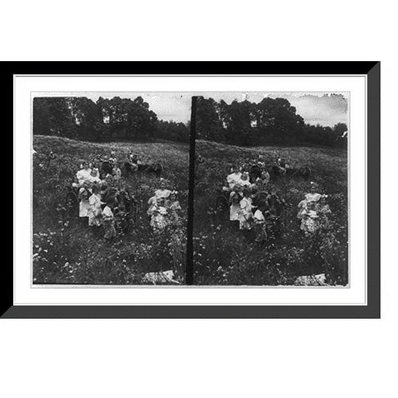 Historic Framed Print, Group of children and several women in a field of flowers, with 3 pony-drawn carts, 17-7/8" x 21-7/8"
