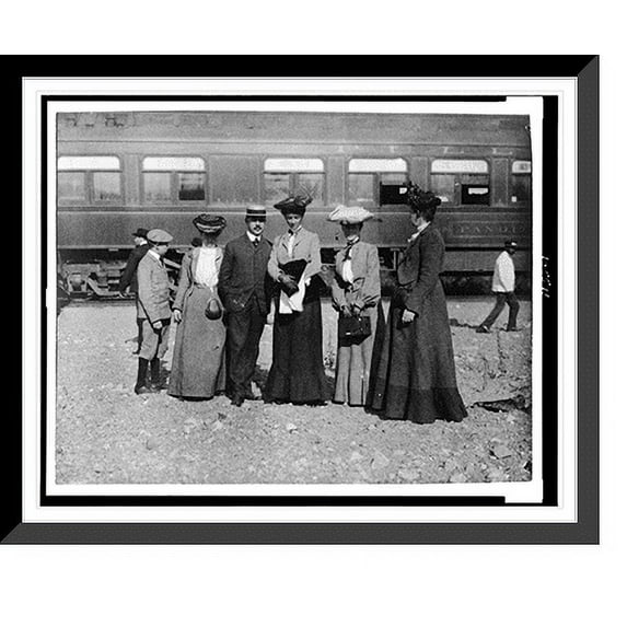 Historic Framed Print, [Group of people posed with railroad car behind them, Denver, Colorado], 17-7/8" x 21-7/8"