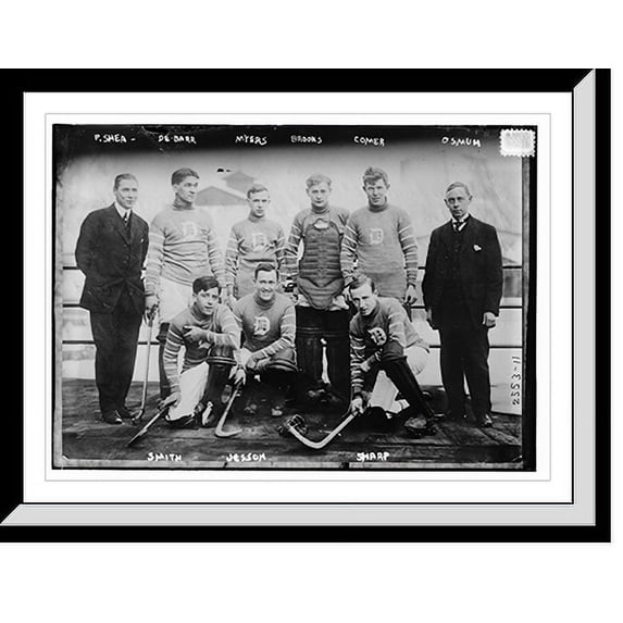 Historic Framed Print, Hockey team - P. Shea, De Barr, Myers, Brooks, Comer, Osmum, Smith, Sharp, and Jesson, 17-7/8" x 21-7/8"