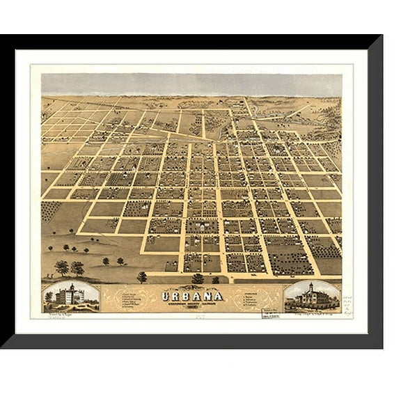 Historic Framed Print, IL Urbana 1869 MAP, 17-7/8" x 21-7/8"