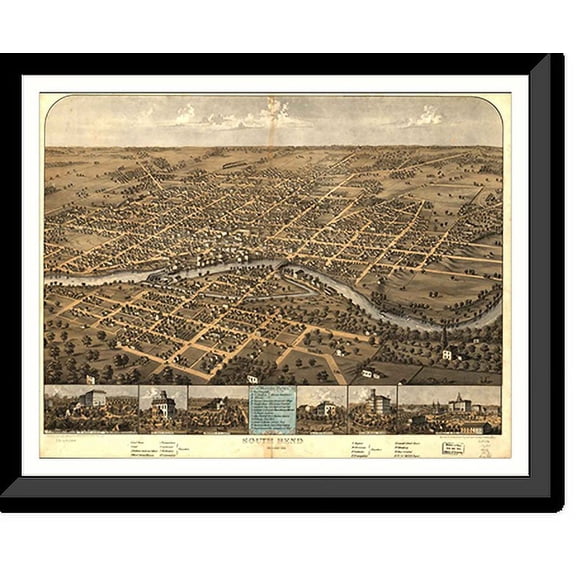 Historic Framed Print, IN South Bend 1866 MAP, 17-7/8" x 21-7/8"