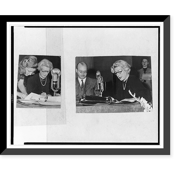 Historic Framed Print, [Janet Flanner broadcasting on the radio program Listen: The Women" with "Blue" network microphone]", 17-7/8" x 21-7/8"