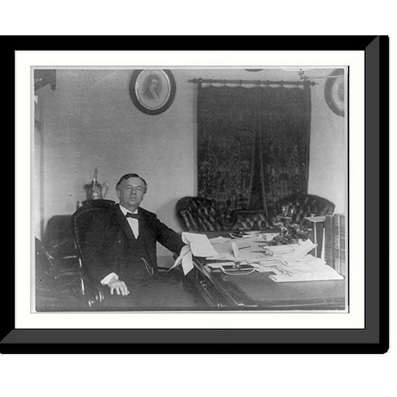 Historic Framed Print, John Wanamaker, 1838-1922, three-quarter length portrait, seated, at desk, facing right, 17-7/8" x 21-7/8"