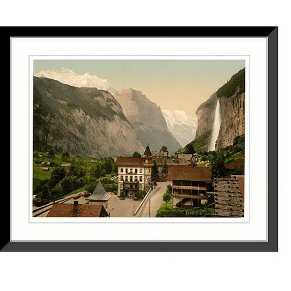 Historic Framed Print, Lauterbrunnen Valley with Staubbach and Hotel Steinbock Bernese Oberland Switzerland, 17-7/8" x 21-7/8"
