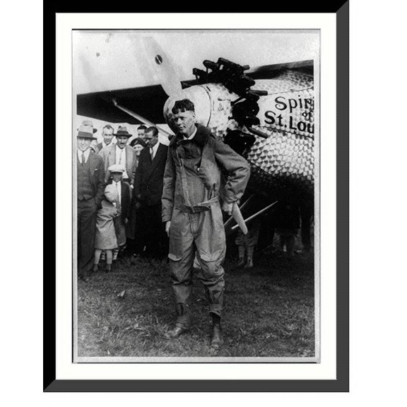 Historic Framed Print, Lindbergh standing in front of the Spirit of St. Louis, 17-7/8" x 21-7/8"