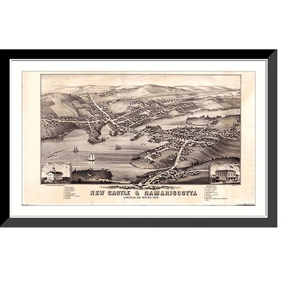 Historic Framed Print, ME New Castle Damariscotta MAP, 17-7/8" x 21-7/8"