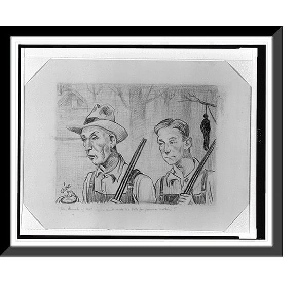 Historic Framed Print, [Man and son walking with guns, and man hanging from tree in background, and the.Chase., 17-7/8" x 21-7/8"