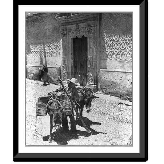 Historic Framed Print, [Mexico - Taxco, Guerrero district - 2 donkeys loaded with tiles in front of Casa de Humboldt], 17-7/8" x 21-7/8"