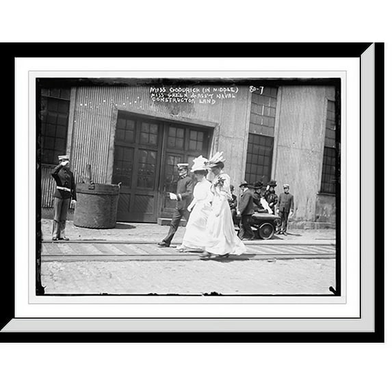 Historic Framed Print, Miss Green, Miss Goodrich (in middle), and Asst. Naval Constructor Land, saluting officer, Brooklyn, N.Y., 17-7/8" x 21-7/8"
