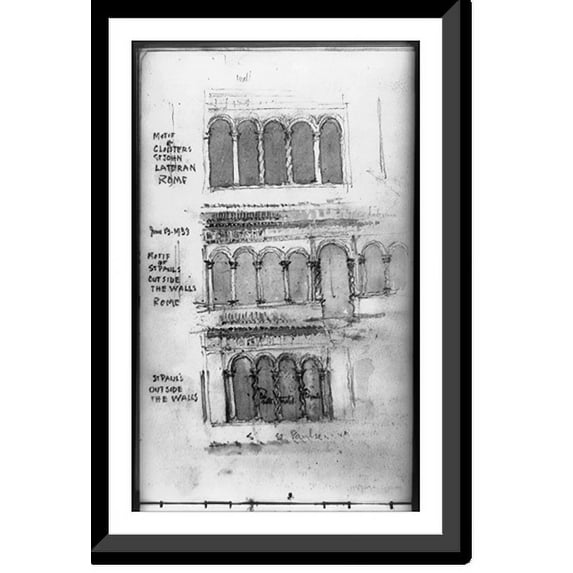 Historic Framed Print, Motif of cloisters, St. John Lateran, Rome; motif of St. Paul's outside the walls, Rome; St. Paul's outside the walls, 17-7/8" x 21-7/8"