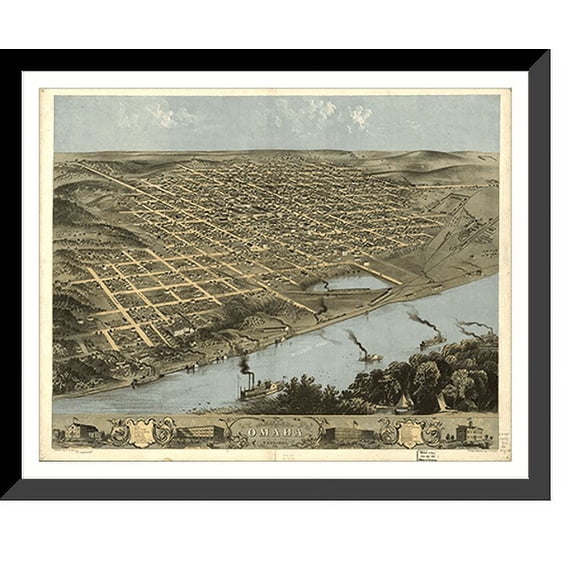 Historic Framed Print, NE Omaha 1868 MAP, 17-7/8" x 21-7/8"