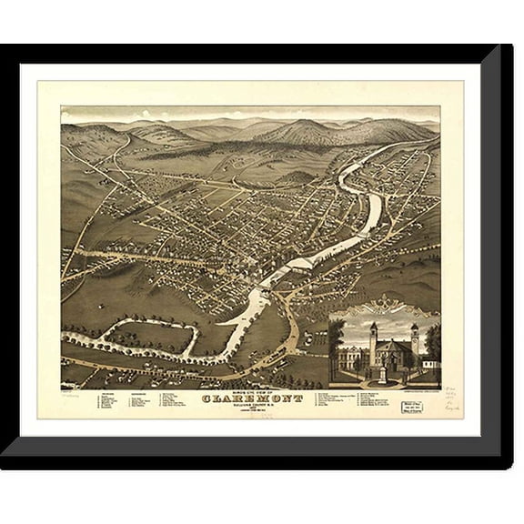 Historic Framed Print, NH Claremont 1877 MAP, 17-7/8" x 21-7/8"