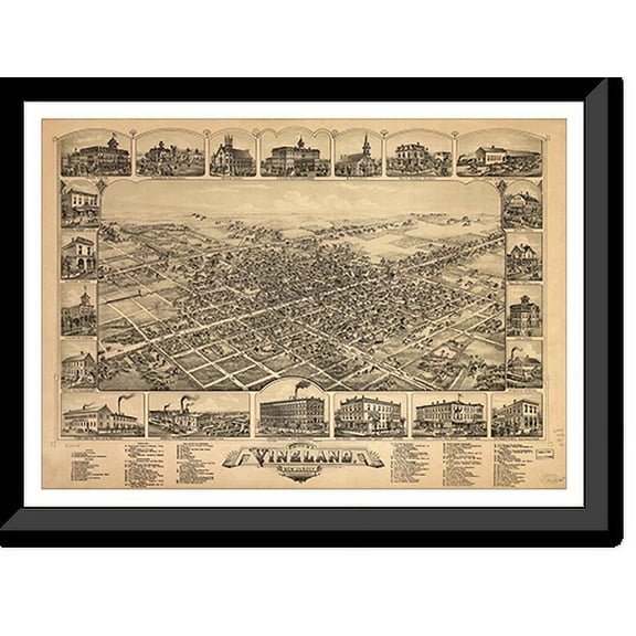 Historic Framed Print, NJ Vineland 1885 MAP, 17-7/8" x 21-7/8"