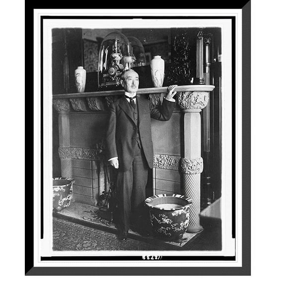 Historic Framed Print, [Naotake Sato, full-length portrait, standing in front of fireplace, facing right], 17-7/8" x 21-7/8"