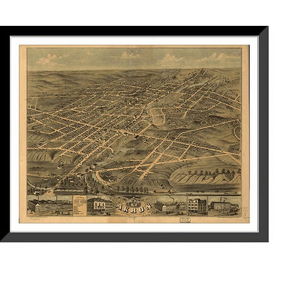 Historic Framed Print, OH Akron 1870 MAP, 17-7/8" x 21-7/8"